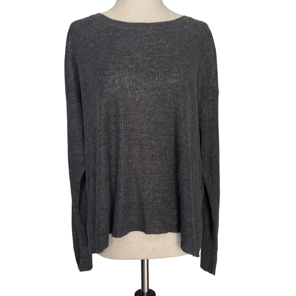 Eileen Fisher Women's L Ribbed Knit Sweater Grey Organic Linen Lagen Minimalist